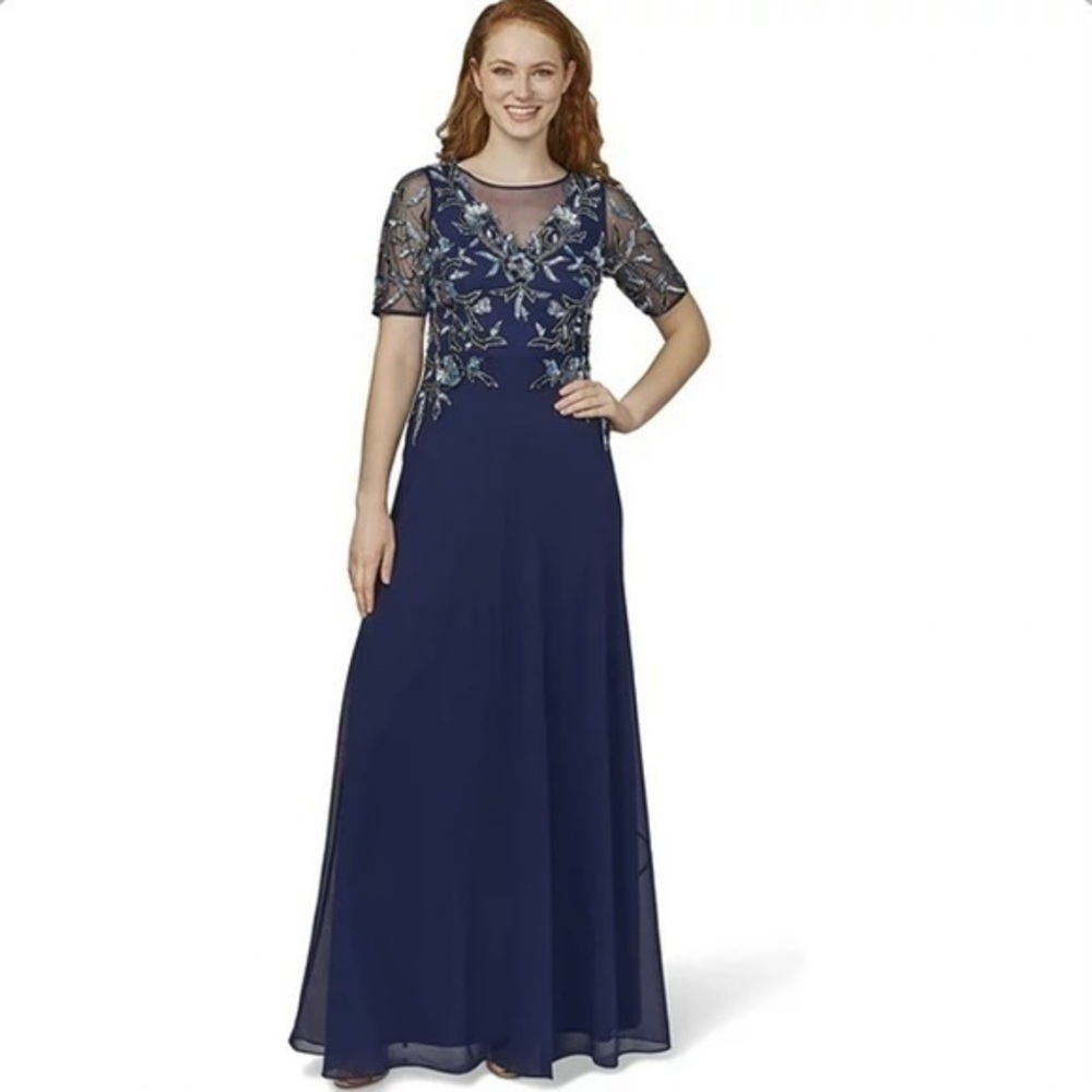 ADRIANNA PAPELL Beaded Illusion Short Sleeve Mesh Chiffon Gown in Light Navy